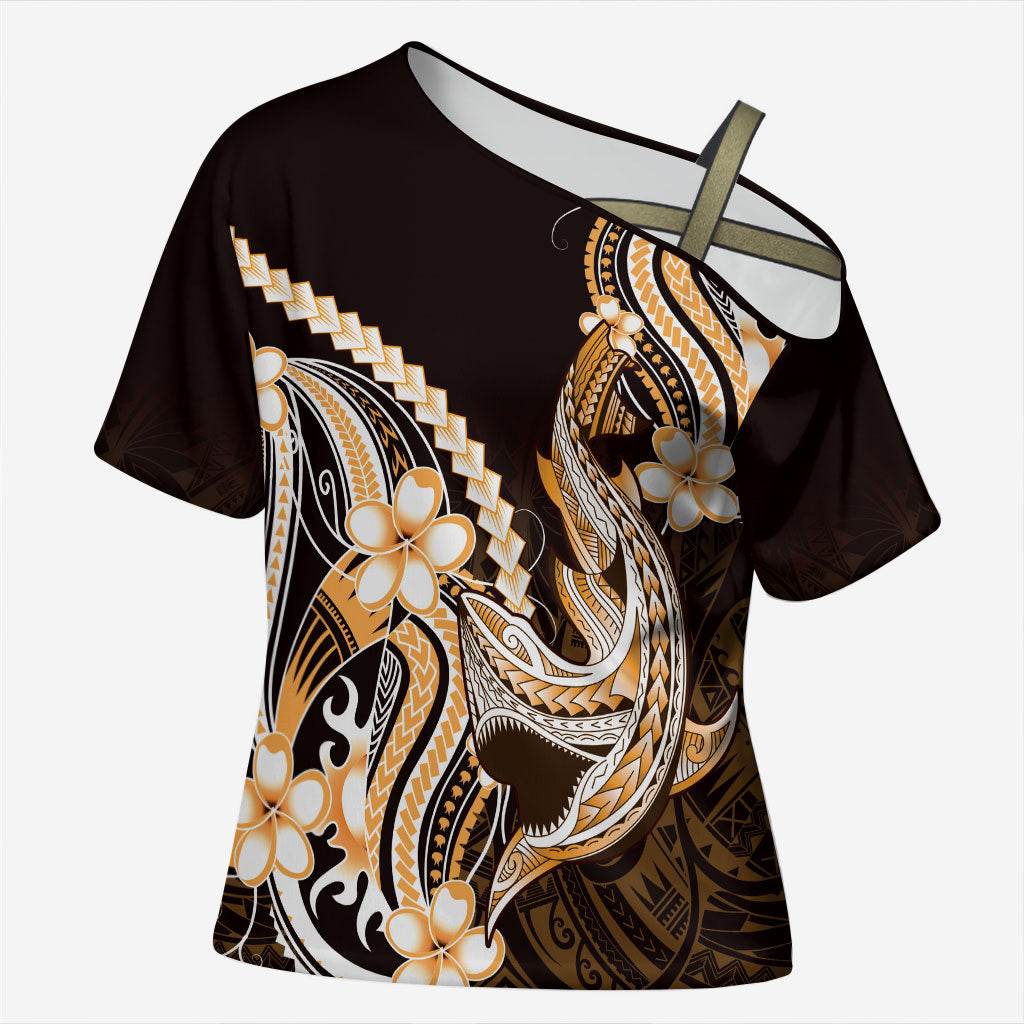 Orange Black Aloha Hawaii Cross Shoulder Shirt Polynesian Shark Tattoo Plumeria LT14 Female Orange - Polynesian Pride