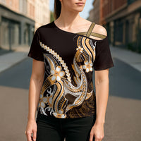 Orange Black Aloha Hawaii Cross Shoulder Shirt Polynesian Shark Tattoo Plumeria