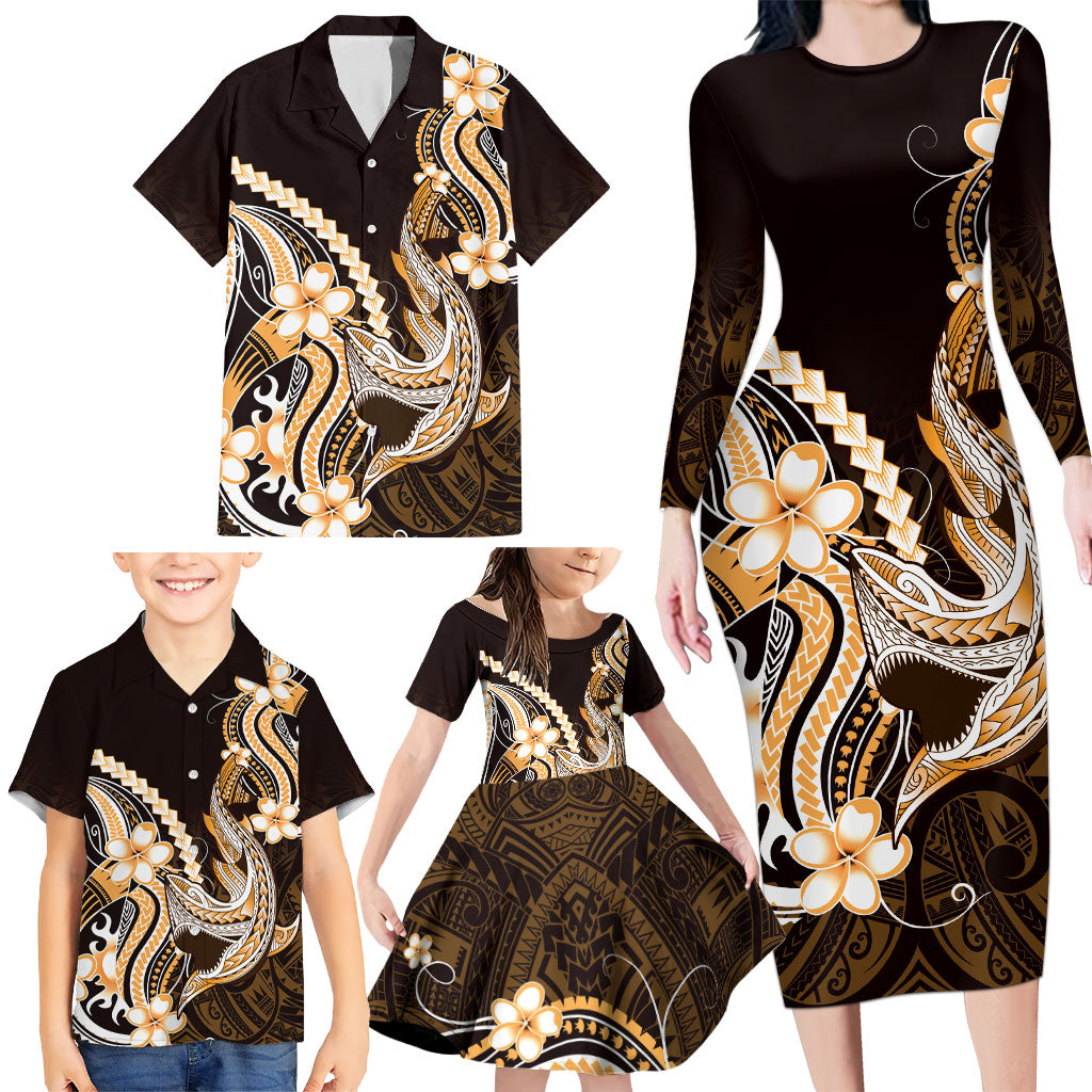 Orange Black Aloha Hawaii Family Matching Long Sleeve Bodycon Dress and Hawaiian Shirt Polynesian Shark Tattoo Plumeria LT14 - Polynesian Pride