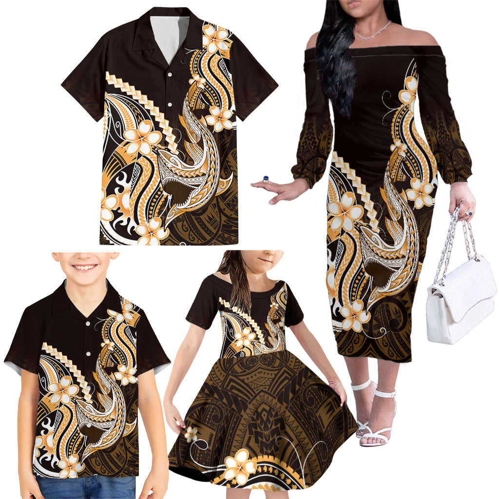 Orange Black Aloha Hawaii Family Matching Off The Shoulder Long Sleeve Dress and Hawaiian Shirt Polynesian Shark Tattoo Plumeria