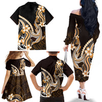 Orange Black Aloha Hawaii Family Matching Off The Shoulder Long Sleeve Dress and Hawaiian Shirt Polynesian Shark Tattoo Plumeria