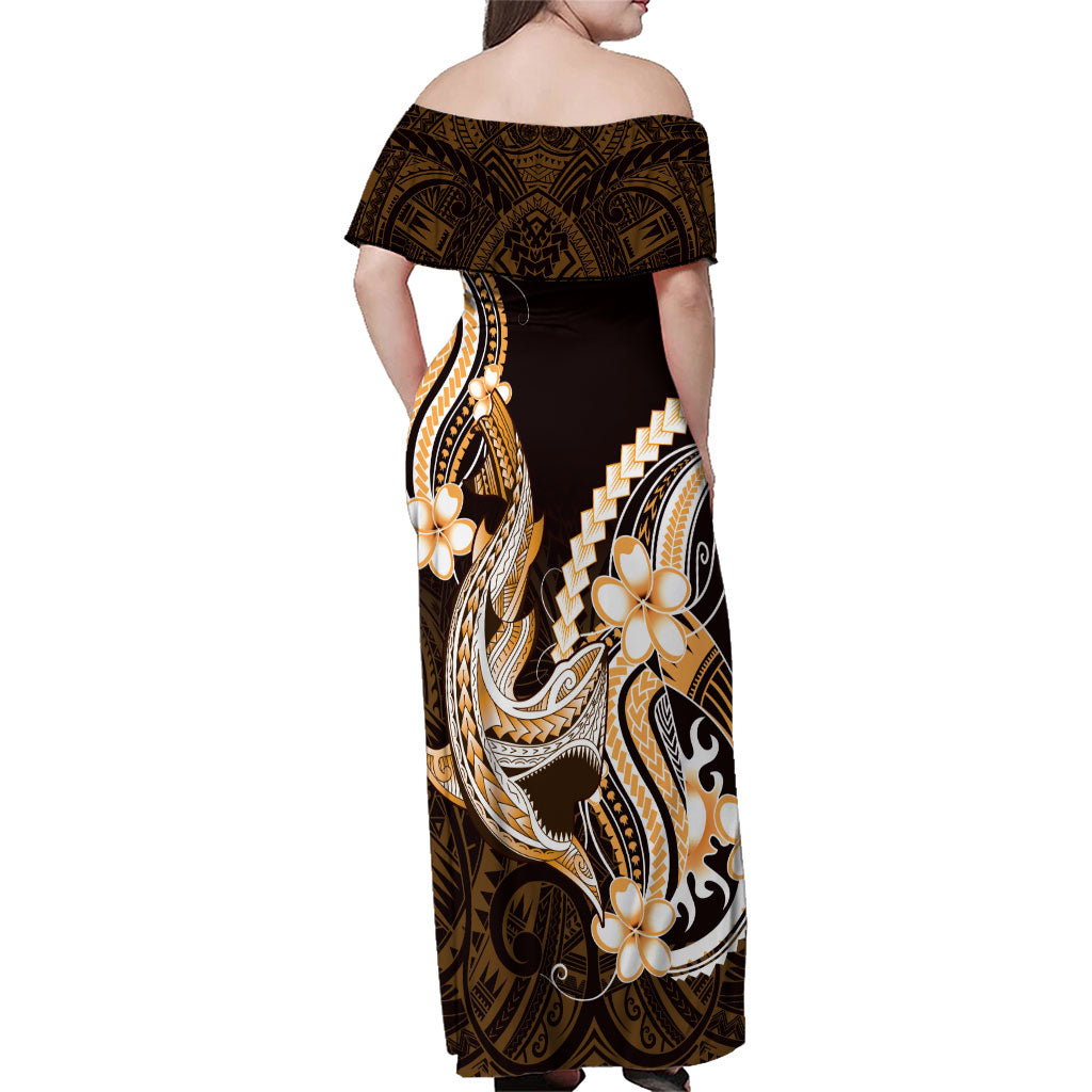 Orange Black Aloha Hawaii Family Matching Off Shoulder Maxi Dress and Hawaiian Shirt Polynesian Shark Tattoo Plumeria