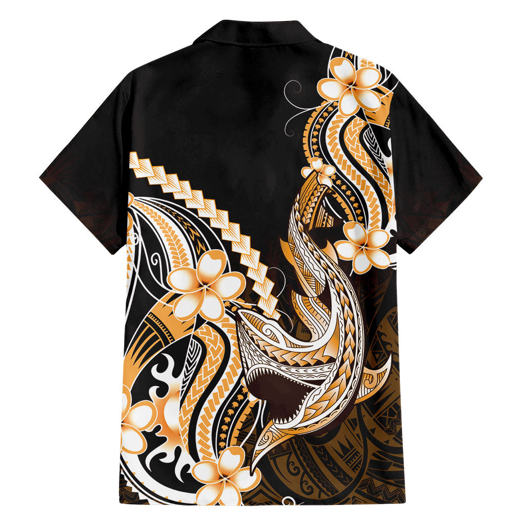 Orange Black Aloha Hawaii Family Matching Short Sleeve Bodycon Dress and Hawaiian Shirt Polynesian Shark Tattoo Plumeria