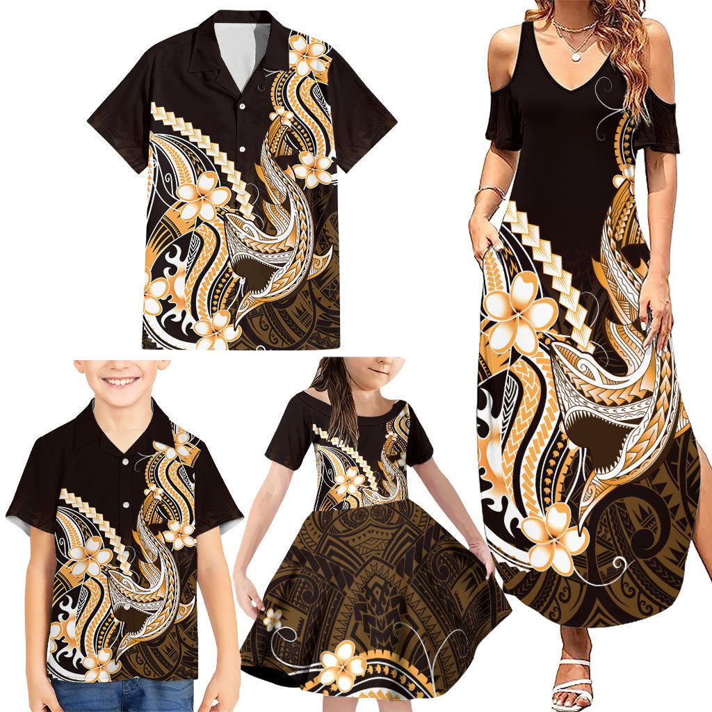 Orange Black Aloha Hawaii Family Matching Summer Maxi Dress and Hawaiian Shirt Polynesian Shark Tattoo Plumeria