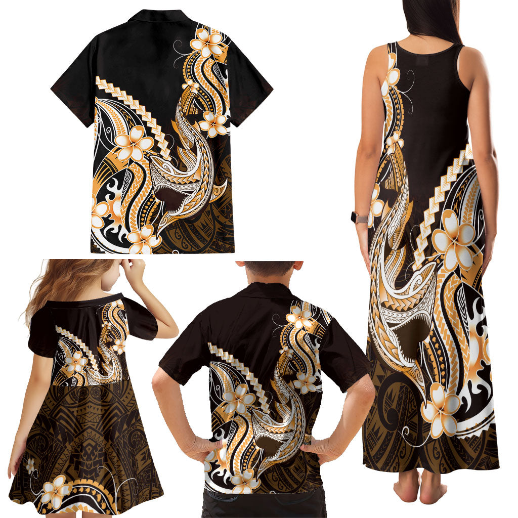 Orange Black Aloha Hawaii Family Matching Tank Maxi Dress and Hawaiian Shirt Polynesian Shark Tattoo Plumeria