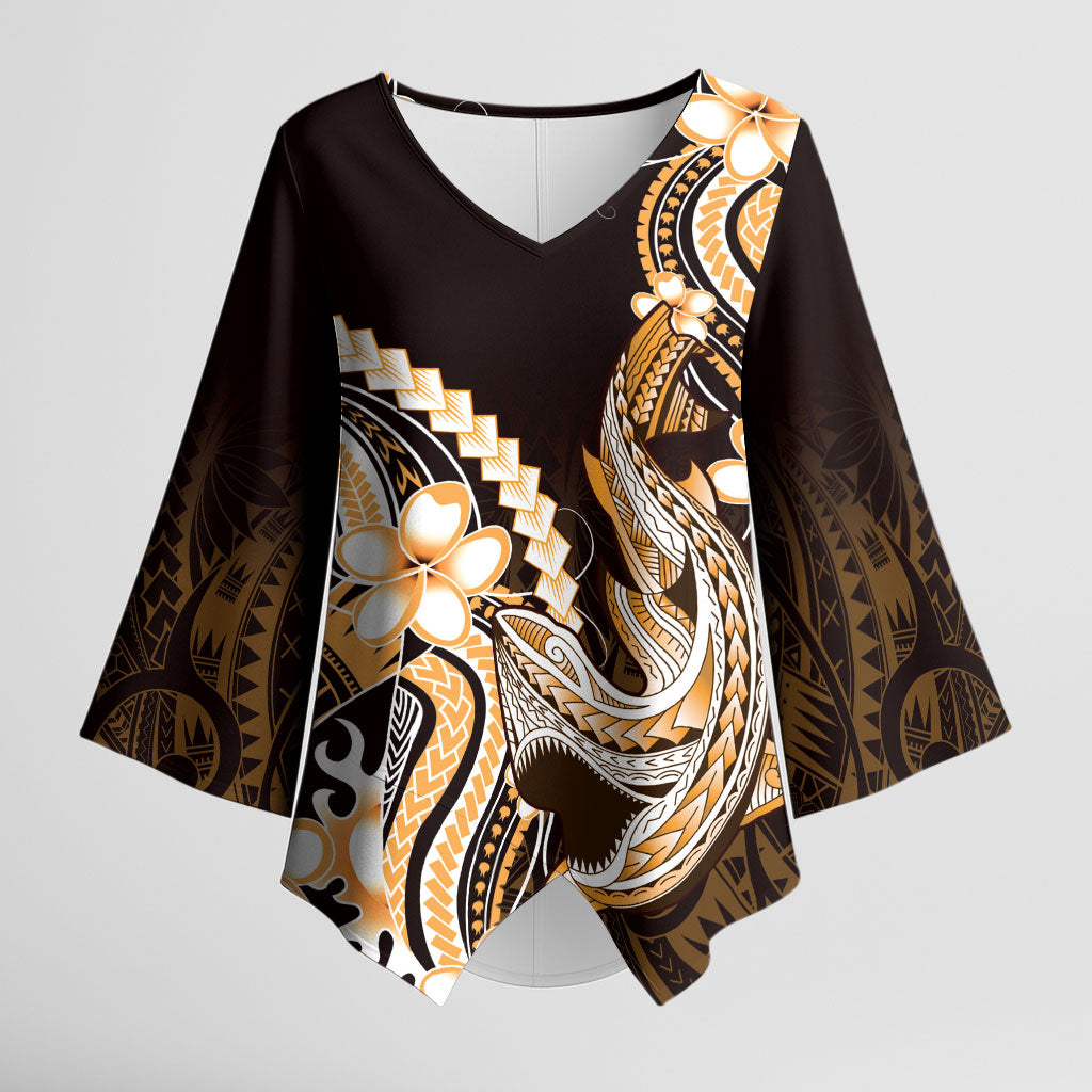 Orange Black Aloha Hawaii Kimono Sleeve Blouse Polynesian Shark Tattoo Plumeria LT14 Female Orange - Polynesian Pride