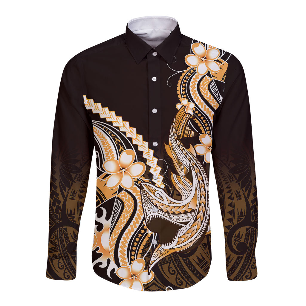 Orange Black Aloha Hawaii Long Sleeve Button Shirt Polynesian Shark Tattoo Plumeria