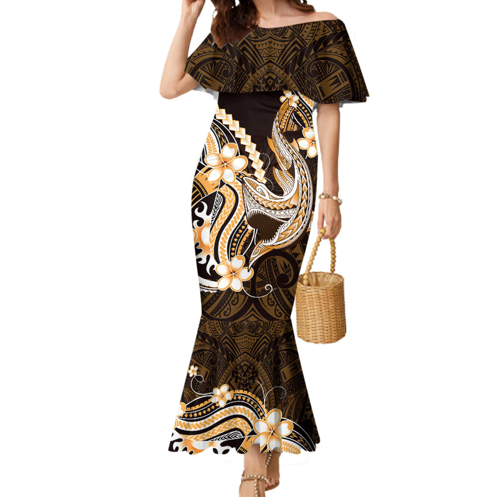 Orange Black Aloha Hawaii Mermaid Dress Polynesian Shark Tattoo Plumeria LT14 Women Orange - Polynesian Pride