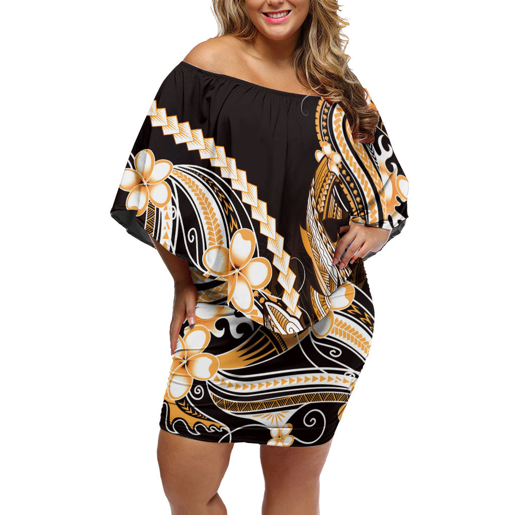 Orange Black Aloha Hawaii Off Shoulder Short Dress Polynesian Shark Tattoo Plumeria