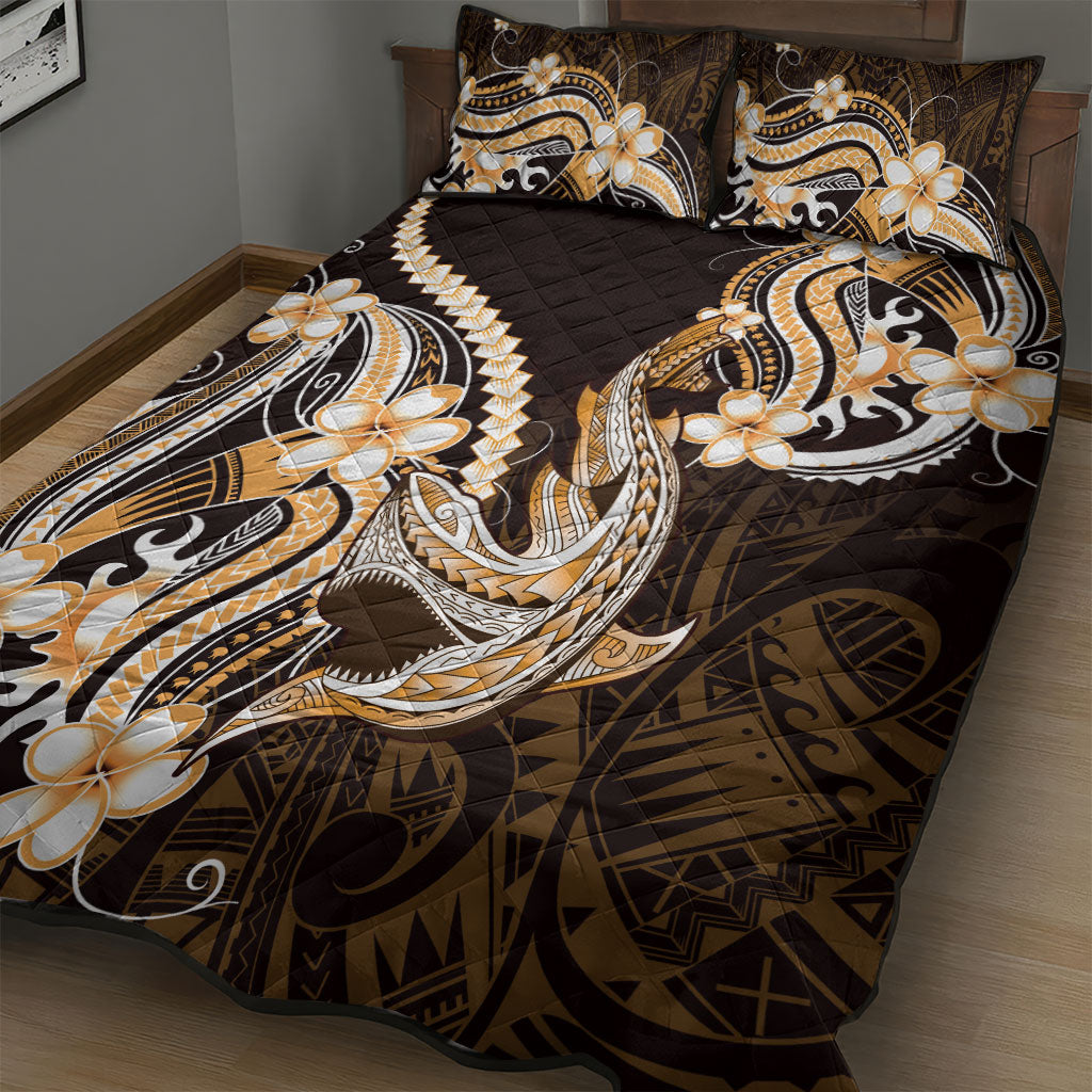Orange Black Aloha Hawaii Quilt Bed Set Polynesian Shark Tattoo Plumeria