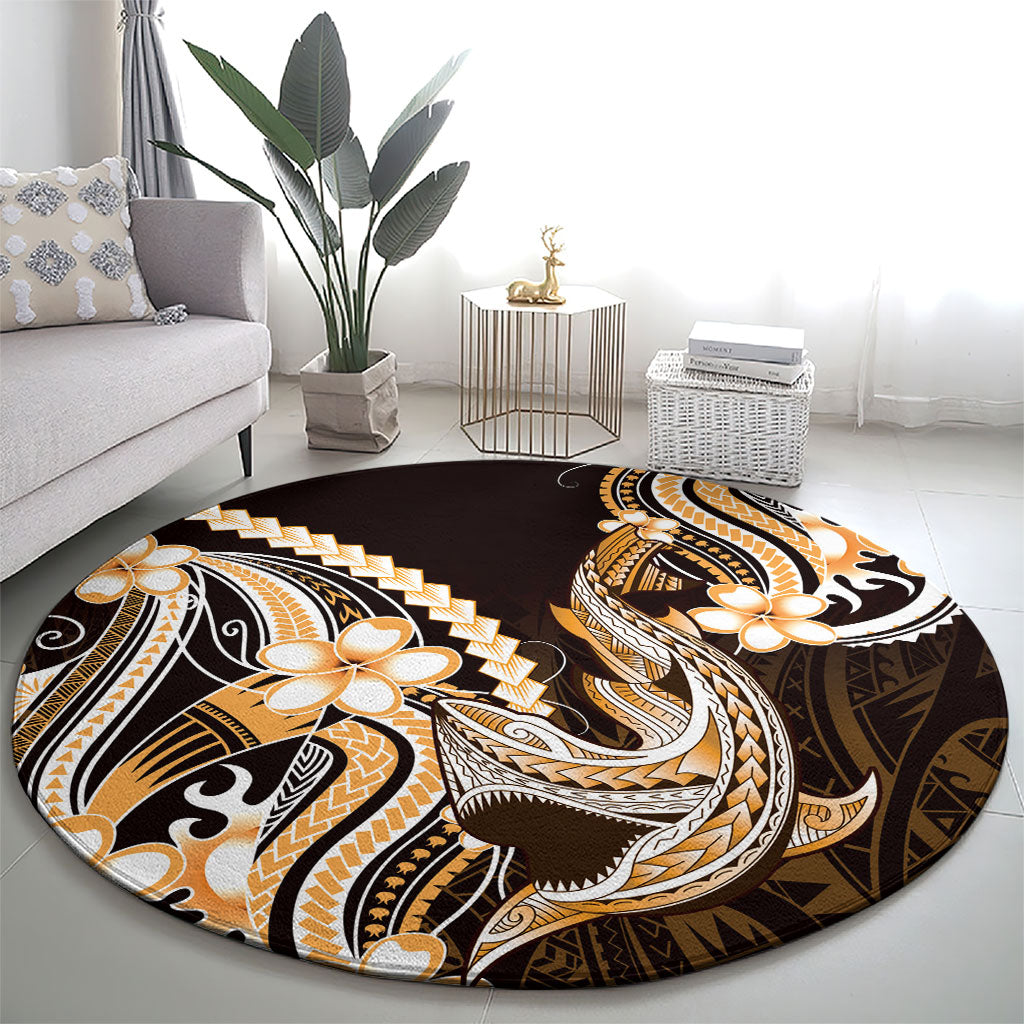 Orange Black Aloha Hawaii Round Carpet Polynesian Shark Tattoo Plumeria