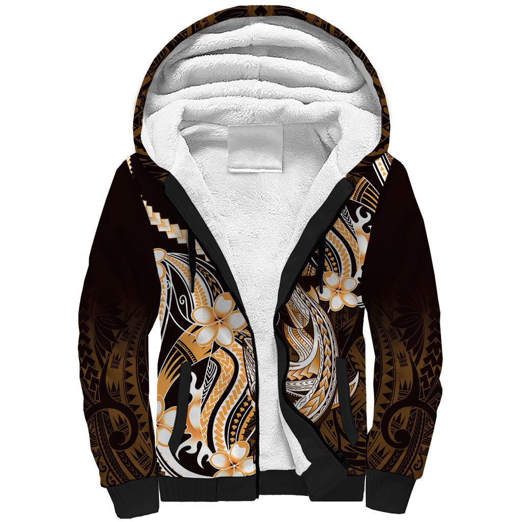 Orange Black Aloha Hawaii Sherpa Hoodie Polynesian Shark Tattoo Plumeria