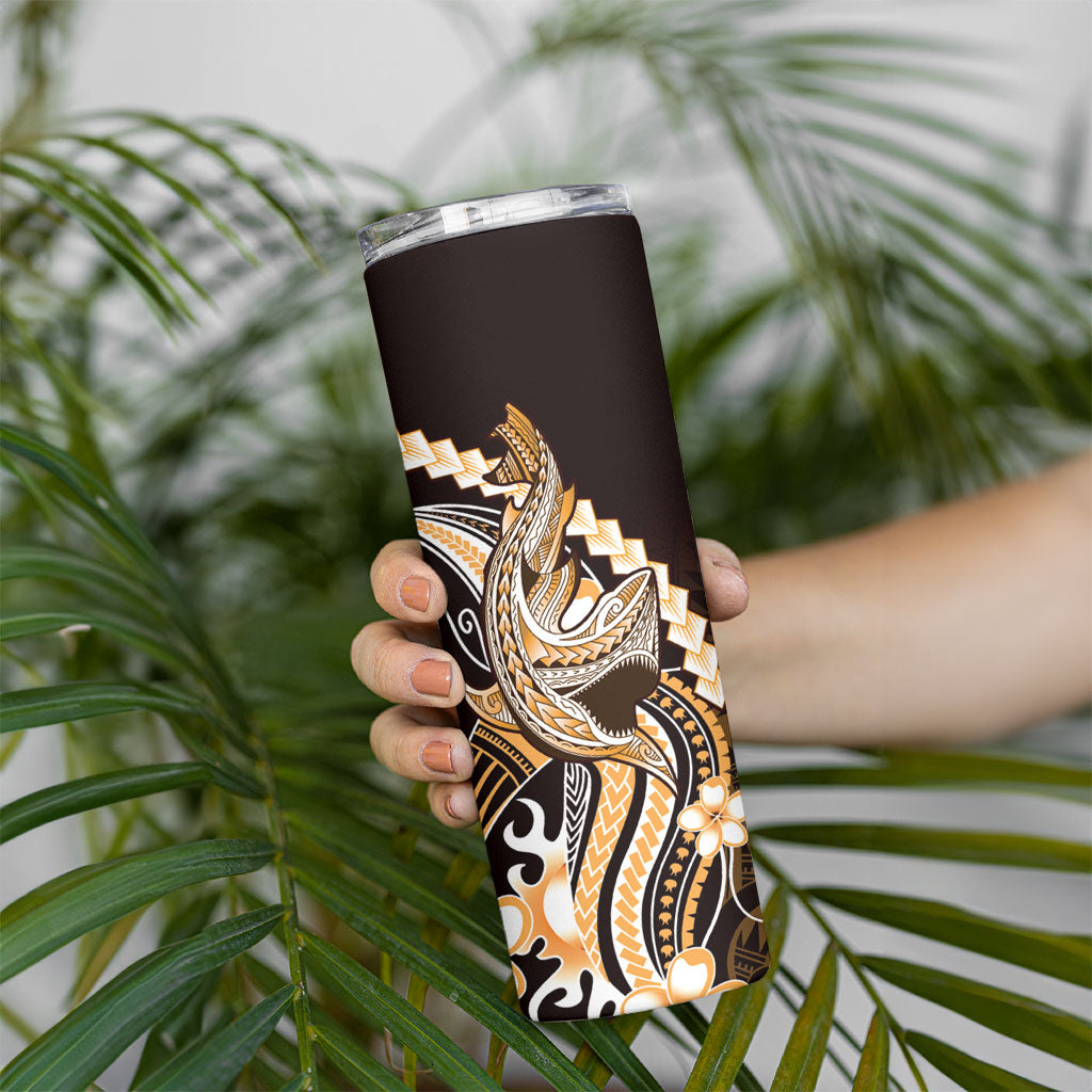 Orange Black Aloha Hawaii Skinny Tumbler Polynesian Shark Tattoo Plumeria