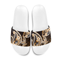 Orange Black Aloha Hawaii Slide Sandals Polynesian Shark Tattoo Plumeria