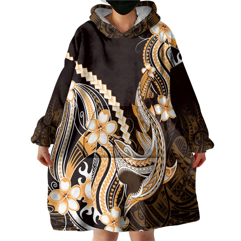 Orange Black Aloha Hawaii Wearable Blanket Hoodie Polynesian Shark Tattoo Plumeria