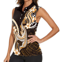 Orange Black Aloha Hawaii Women Sleeveless Polo Shirt Polynesian Shark Tattoo Plumeria