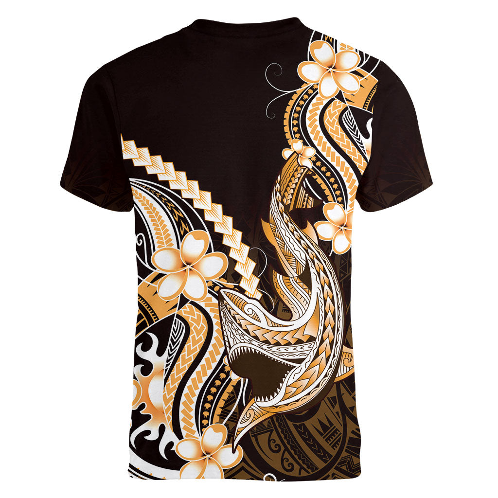 Orange Black Aloha Hawaii Women V-Neck T-Shirt Polynesian Shark Tattoo Plumeria