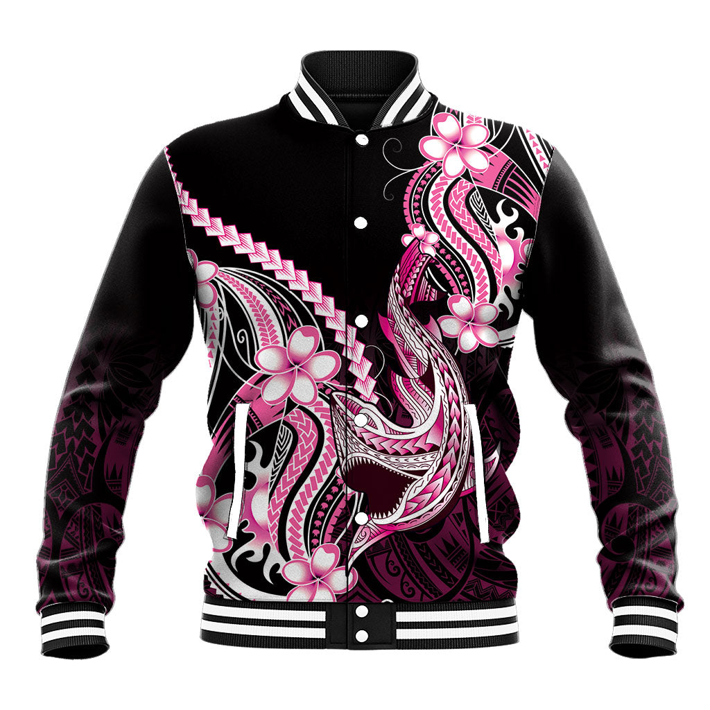 Pink Black Aloha Hawaii Baseball Jacket Polynesian Shark Tattoo Plumeria