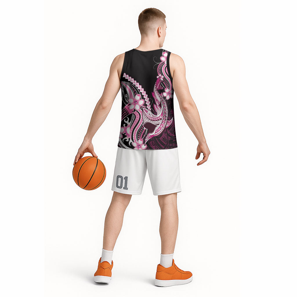 Pink Black Aloha Hawaii Basketball Jersey Polynesian Shark Tattoo Plumeria