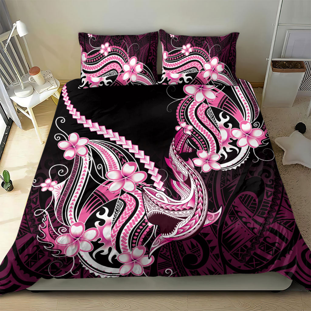 Pink Black Aloha Hawaii Bedding Set Polynesian Shark Tattoo Plumeria