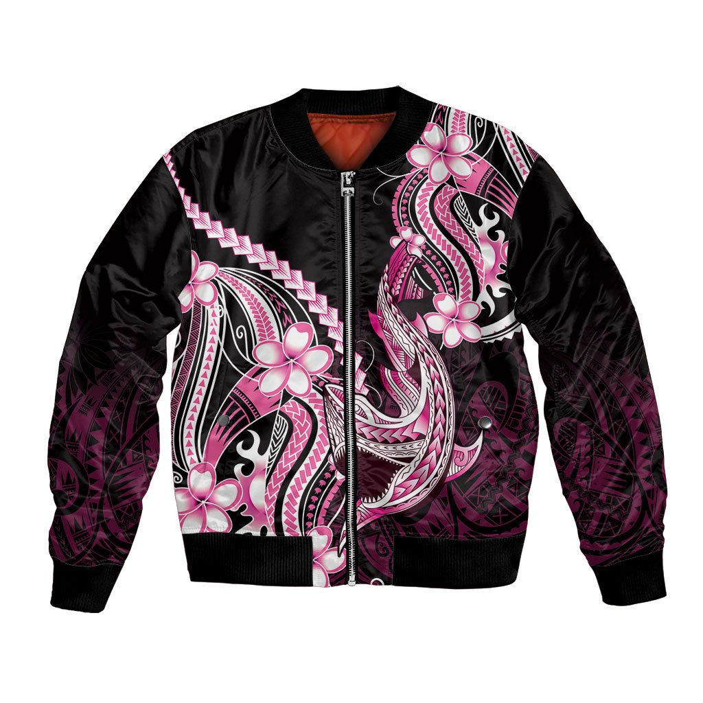 Pink Black Aloha Hawaii Bomber Jacket Polynesian Shark Tattoo Plumeria