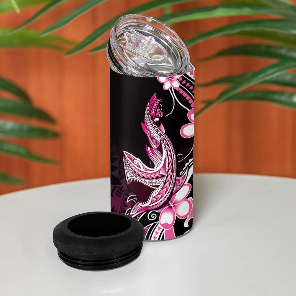 Pink Black Aloha Hawaii 4 in 1 Can Cooler Tumbler Polynesian Shark Tattoo Plumeria