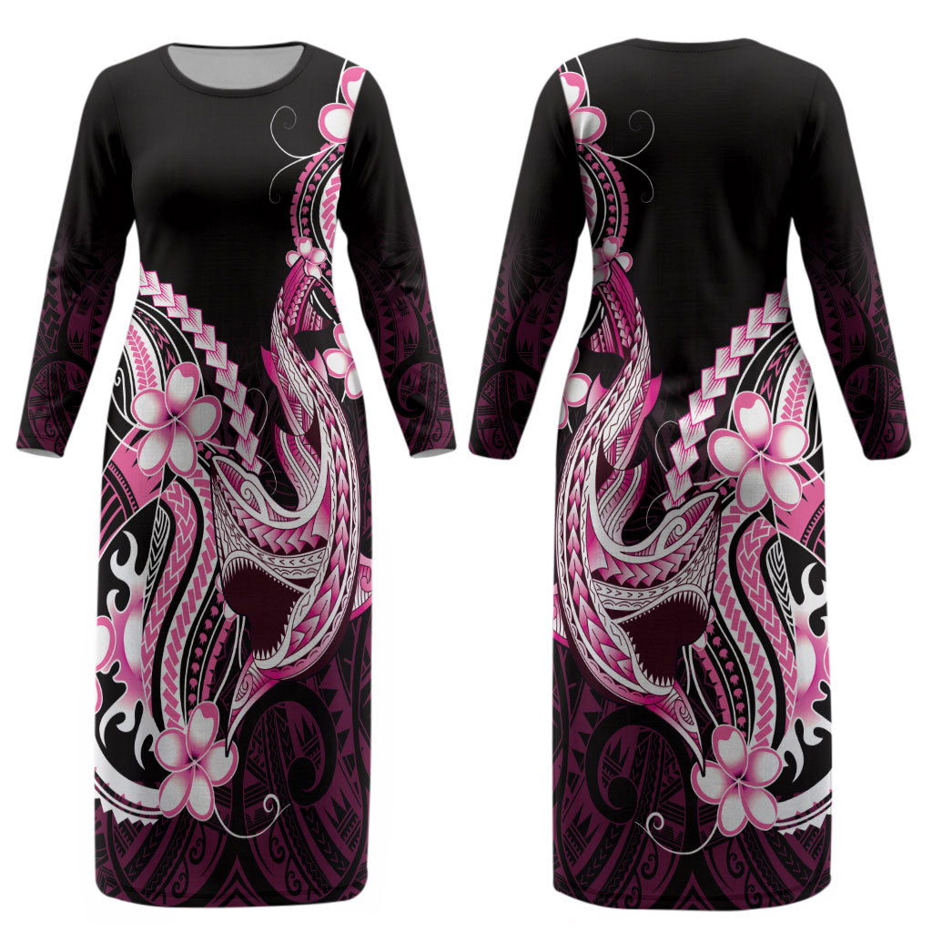 Pink Black Aloha Hawaii Couples Matching Long Sleeve Bodycon Dress and Hawaiian Shirt Polynesian Shark Tattoo Plumeria LT14 - Polynesian Pride