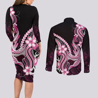 Pink Black Aloha Hawaii Couples Matching Long Sleeve Bodycon Dress and Long Sleeve Button Shirt Polynesian Shark Tattoo Plumeria