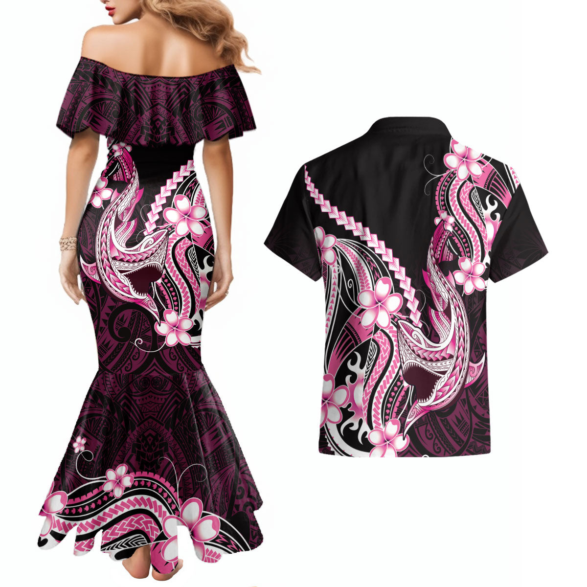Pink Black Aloha Hawaii Couples Matching Mermaid Dress and Hawaiian Shirt Polynesian Shark Tattoo Plumeria
