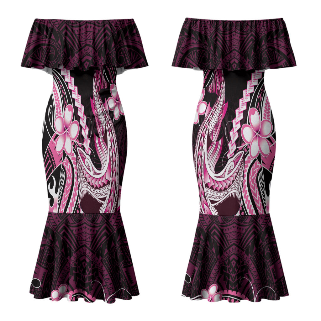 Pink Black Aloha Hawaii Couples Matching Mermaid Dress and Hawaiian Shirt Polynesian Shark Tattoo Plumeria LT14 - Polynesian Pride