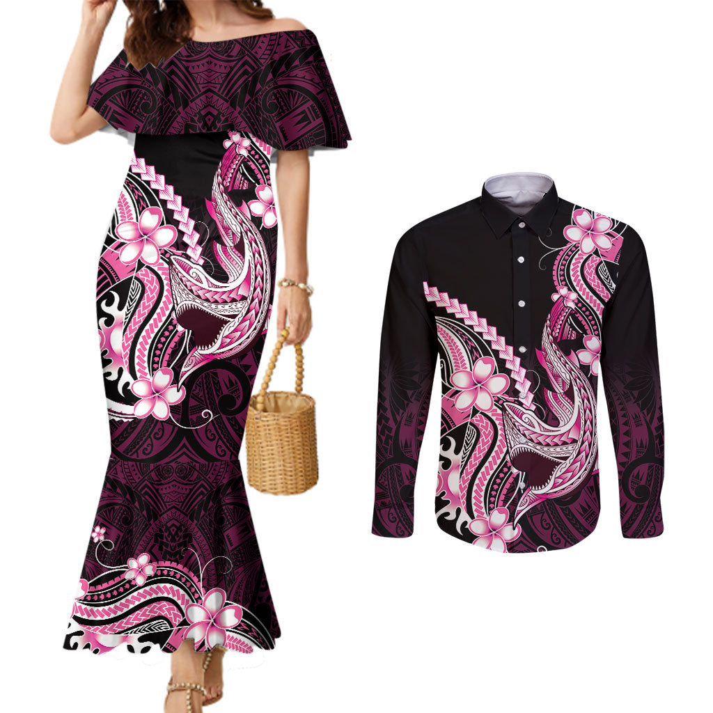 Pink Black Aloha Hawaii Couples Matching Mermaid Dress and Long Sleeve Button Shirt Polynesian Shark Tattoo Plumeria