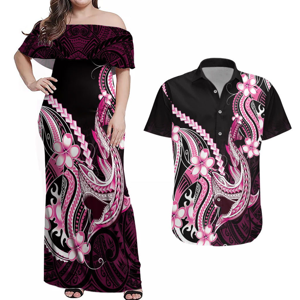 Pink Black Aloha Hawaii Couples Matching Off Shoulder Maxi Dress and Hawaiian Shirt Polynesian Shark Tattoo Plumeria