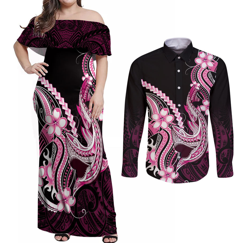 Pink Black Aloha Hawaii Couples Matching Off Shoulder Maxi Dress and Long Sleeve Button Shirt Polynesian Shark Tattoo Plumeria