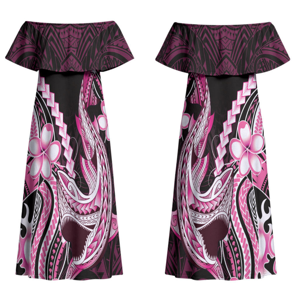 Pink Black Aloha Hawaii Couples Matching Off Shoulder Maxi Dress and Long Sleeve Button Shirt Polynesian Shark Tattoo Plumeria LT14 - Polynesian Pride