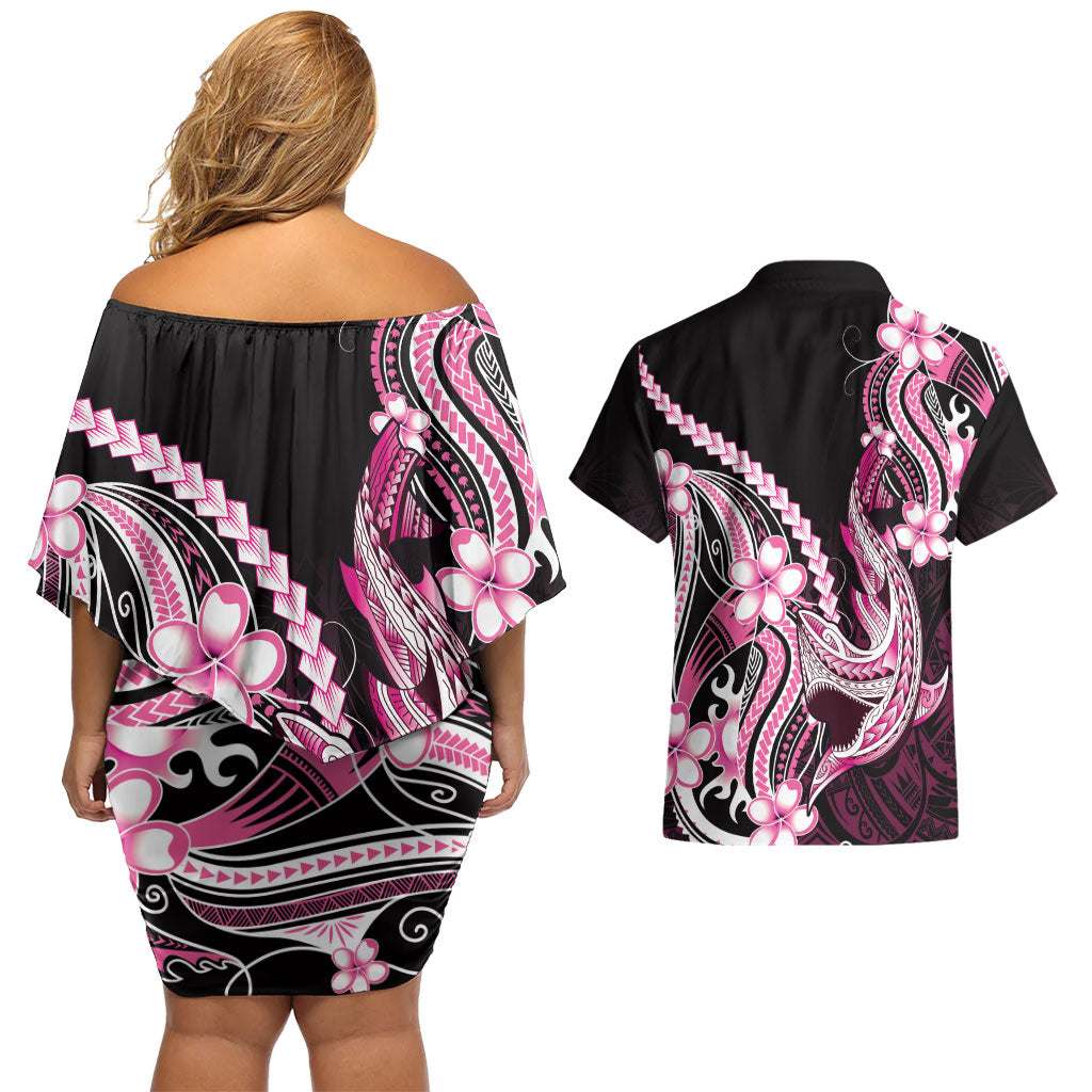 Pink Black Aloha Hawaii Couples Matching Off Shoulder Short Dress and Hawaiian Shirt Polynesian Shark Tattoo Plumeria