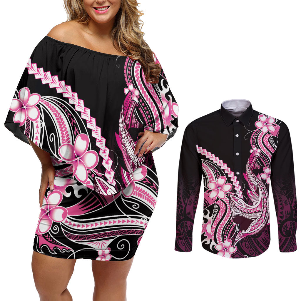 Pink Black Aloha Hawaii Couples Matching Off Shoulder Short Dress and Long Sleeve Button Shirt Polynesian Shark Tattoo Plumeria