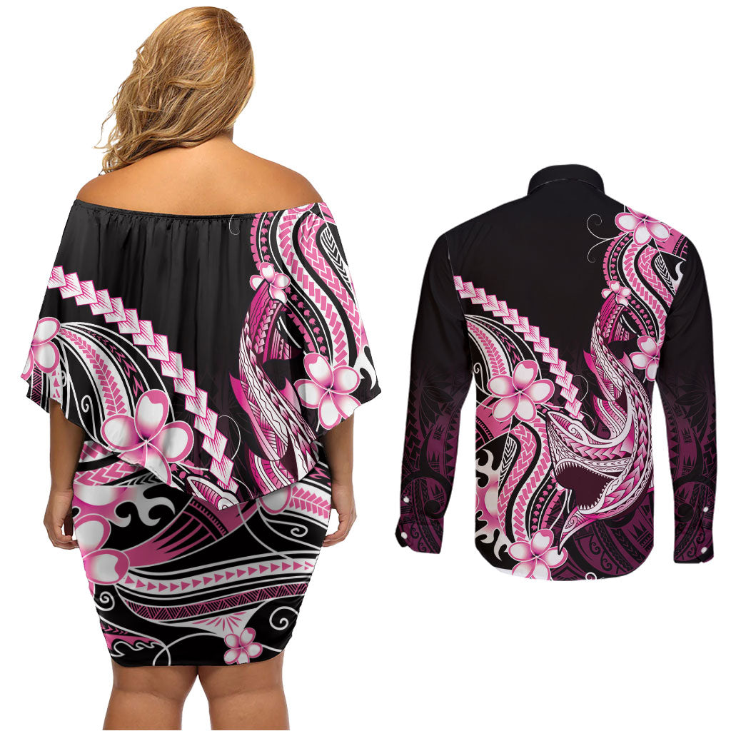 Pink Black Aloha Hawaii Couples Matching Off Shoulder Short Dress and Long Sleeve Button Shirt Polynesian Shark Tattoo Plumeria