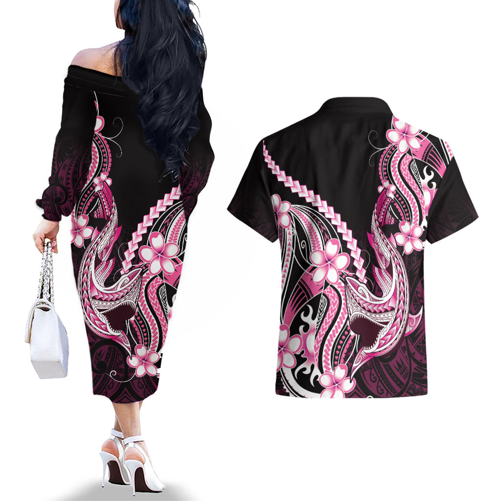 Pink Black Aloha Hawaii Couples Matching Off The Shoulder Long Sleeve Dress and Hawaiian Shirt Polynesian Shark Tattoo Plumeria