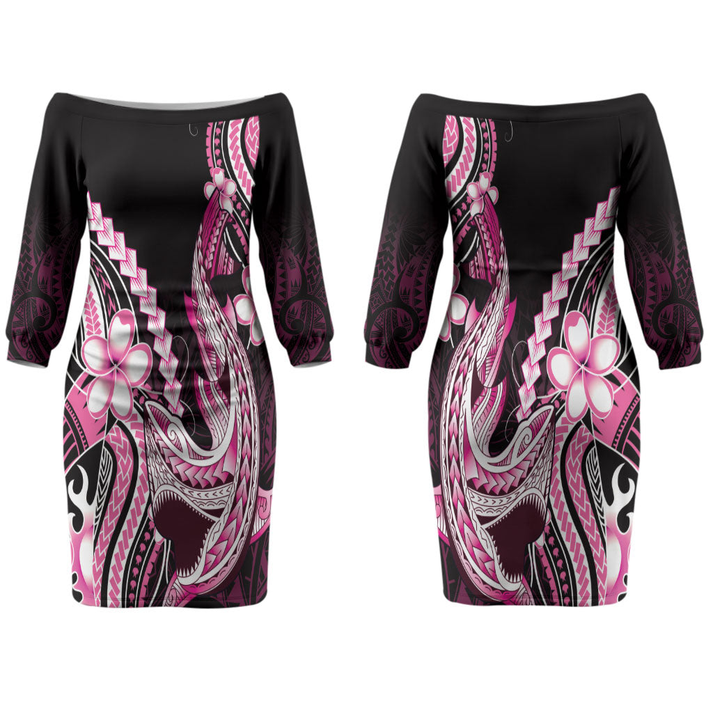 Pink Black Aloha Hawaii Couples Matching Off The Shoulder Long Sleeve Dress and Long Sleeve Button Shirt Polynesian Shark Tattoo Plumeria LT14 - Polynesian Pride