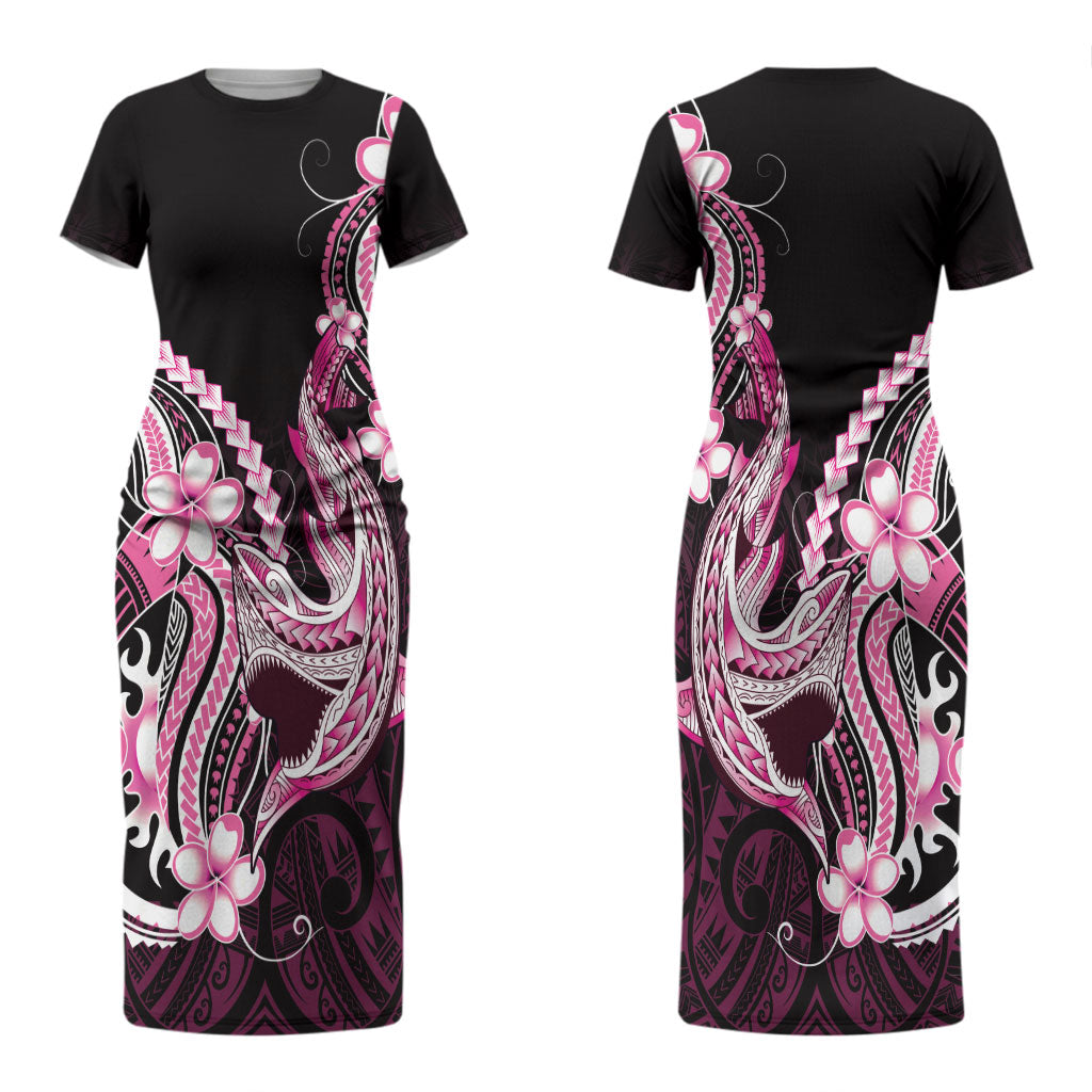Pink Black Aloha Hawaii Couples Matching Short Sleeve Bodycon Dress and Hawaiian Shirt Polynesian Shark Tattoo Plumeria LT14 - Polynesian Pride