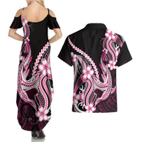 Pink Black Aloha Hawaii Couples Matching Summer Maxi Dress and Hawaiian Shirt Polynesian Shark Tattoo Plumeria