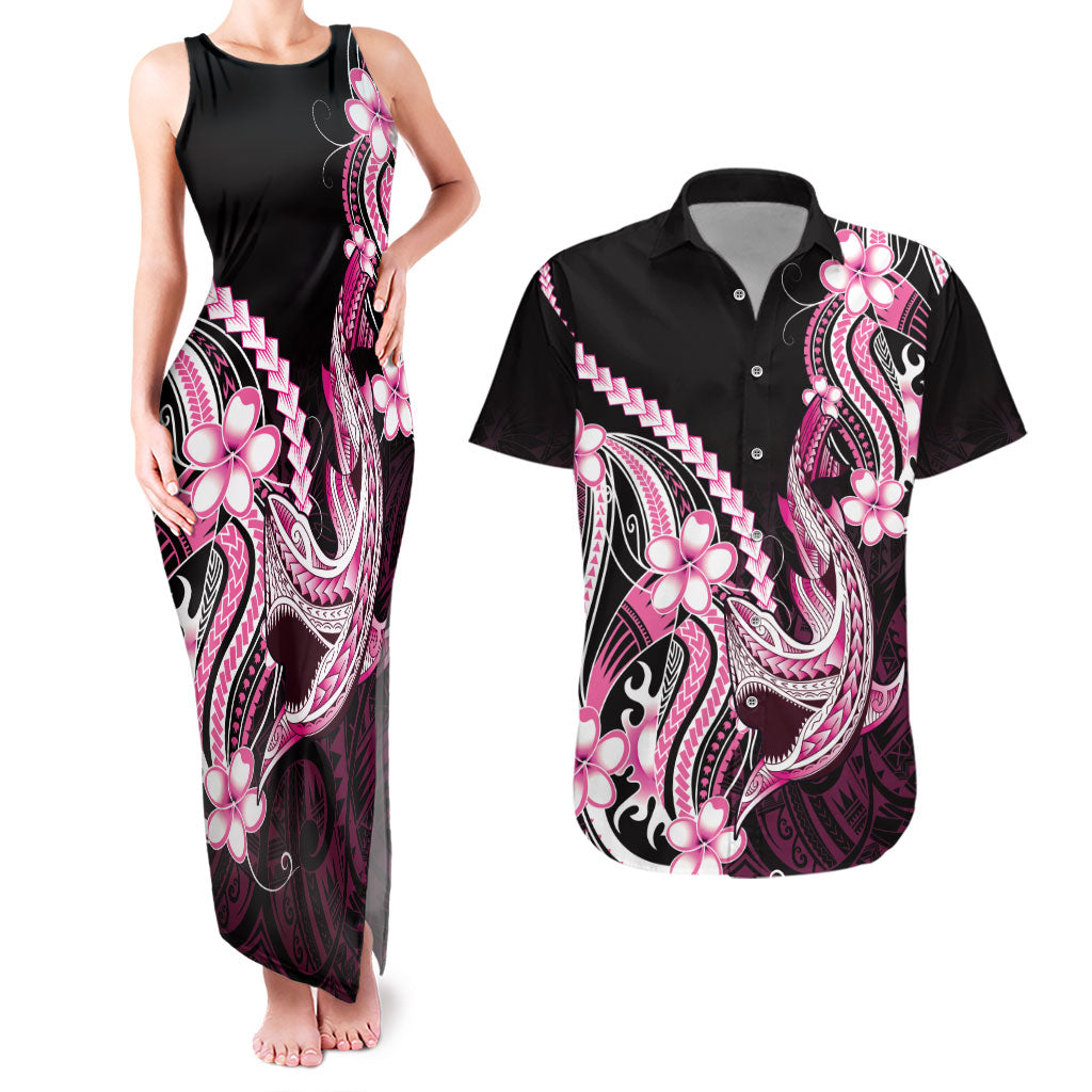 Pink Black Aloha Hawaii Couples Matching Tank Maxi Dress and Hawaiian Shirt Polynesian Shark Tattoo Plumeria