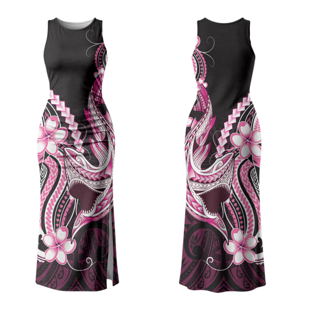 Pink Black Aloha Hawaii Couples Matching Tank Maxi Dress and Long Sleeve Button Shirt Polynesian Shark Tattoo Plumeria LT14 - Polynesian Pride