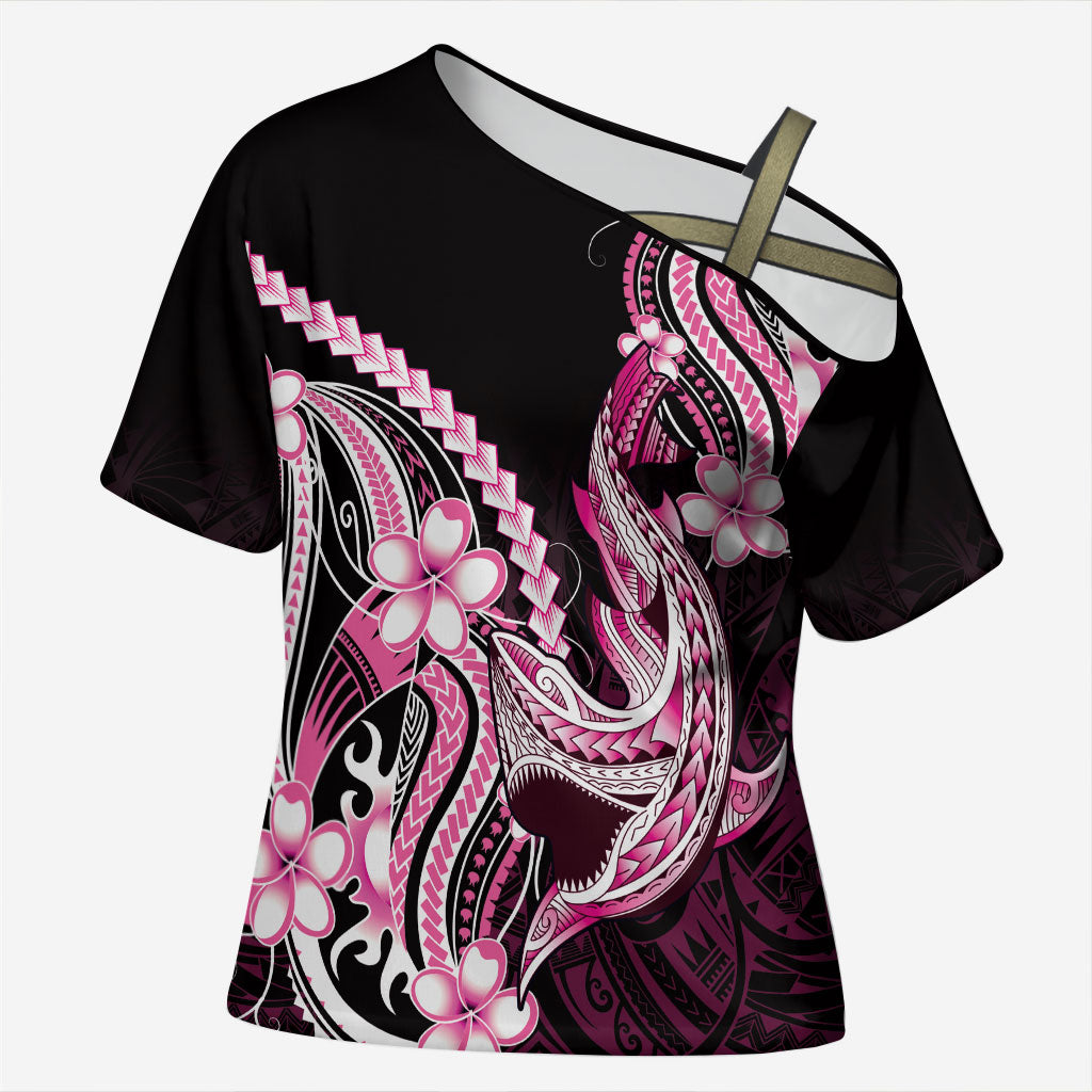 Pink Black Aloha Hawaii Cross Shoulder Shirt Polynesian Shark Tattoo Plumeria LT14 Female Pink - Polynesian Pride
