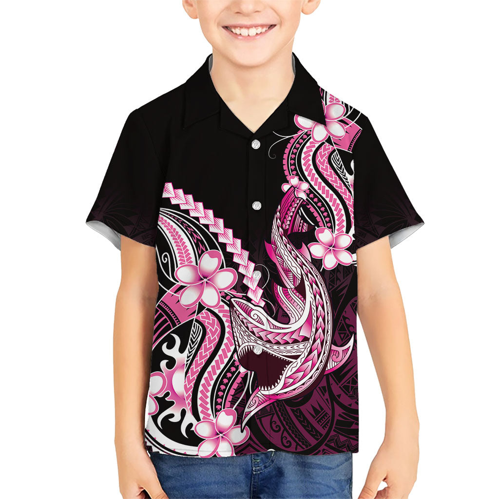 Pink Black Aloha Hawaii Family Matching Off The Shoulder Long Sleeve Dress and Hawaiian Shirt Polynesian Shark Tattoo Plumeria