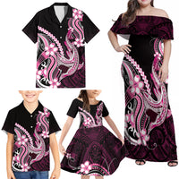 Pink Black Aloha Hawaii Family Matching Off Shoulder Maxi Dress and Hawaiian Shirt Polynesian Shark Tattoo Plumeria