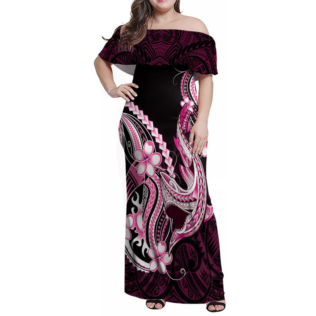 Pink Black Aloha Hawaii Family Matching Off Shoulder Maxi Dress and Hawaiian Shirt Polynesian Shark Tattoo Plumeria