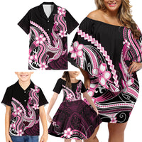 Pink Black Aloha Hawaii Family Matching Off Shoulder Short Dress and Hawaiian Shirt Polynesian Shark Tattoo Plumeria