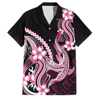 Pink Black Aloha Hawaii Family Matching Off Shoulder Short Dress and Hawaiian Shirt Polynesian Shark Tattoo Plumeria