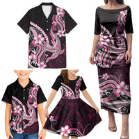 Pink Black Aloha Hawaii Family Matching Puletasi and Hawaiian Shirt Polynesian Shark Tattoo Plumeria LT14 - Polynesian Pride
